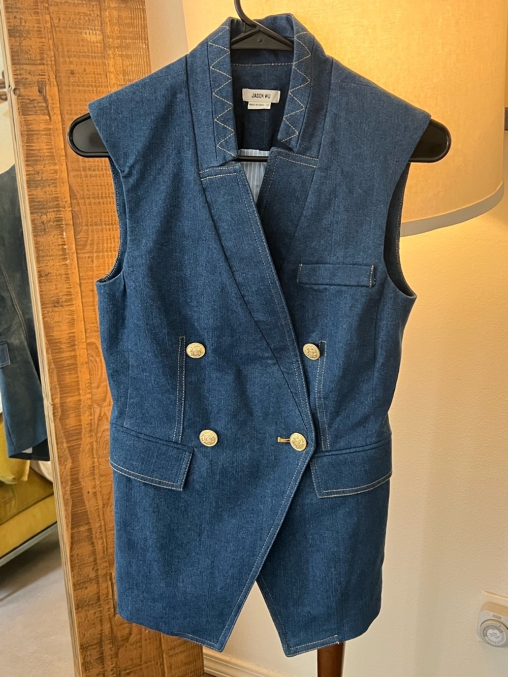 Jason Wu Dark Blue Denim Blazer Vest with Contrasting Gold Stitching